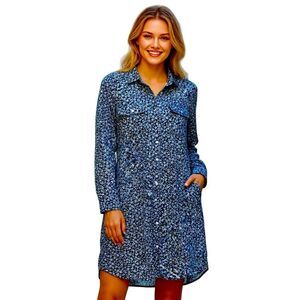 Land’s End 100% Cotton Gown Blue White Floral Long Sleeve Large 12-14